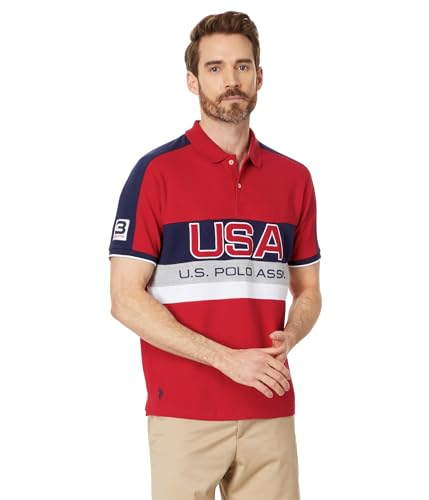 U.S. POLO ASSN. Men's Fashion Color Block Graphic Pique Short Sleeve Polo Shirt, Engine Red Amazon