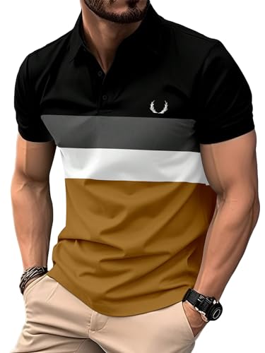SOLY HUX Men's Color Block Tops Short Sleeve Button Front Golf Shirts Casual Tees Black Brown Multi Medium Amazon