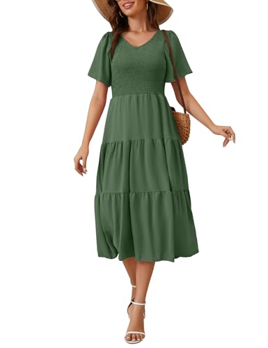 MIDNIGHTSUN Women's V Neck Tiered Midi Dress Flutter Short Sleeve Smocked Dress (Green, S) Amazon