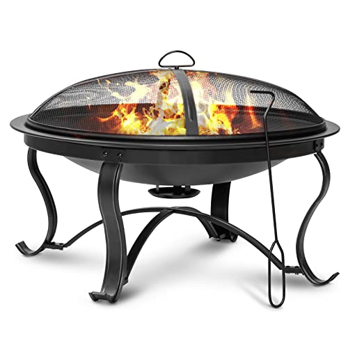 SINGLYFIRE 29 inch Fire Pits for Outside Firepit Outdoor Wood Burning Bonfire Pit Steel Firepit Bowl for Patio Backyard Camping,with Ash Plate,Spark Screen,Log Grate,Poker, bronze Amazon