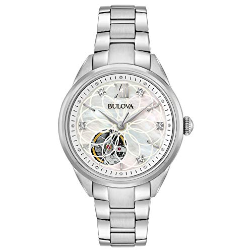 Bulova Ladies' Sutton Stainless Steel 3-Hand Automatic, Open Aperture and White Mother-of-Pearl Dial with Diamonds Style: 96P181 Amazon