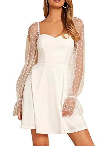WDIRARA Women's Polka Dots Mesh Long Sleeve Wedding Guest Bridesmaid Dress White M Amazon