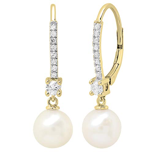 Dazzlingrock Collection 8mm Each Round White Freshwater Pearl & White Diamond Lever Back Drop Dangle Earrings for Women Amazon