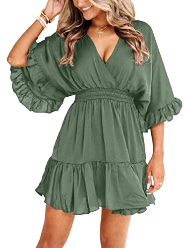 Aoysky Womens V Neck Casual Dresses Summer Loose High Waist Ruffle Pleated Cute Mini Short Dress Green Amazon