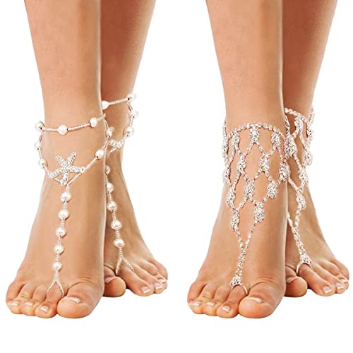 2 Pairs Barefoot Sandals- Beach Anklet Chain with Starfish Amazon