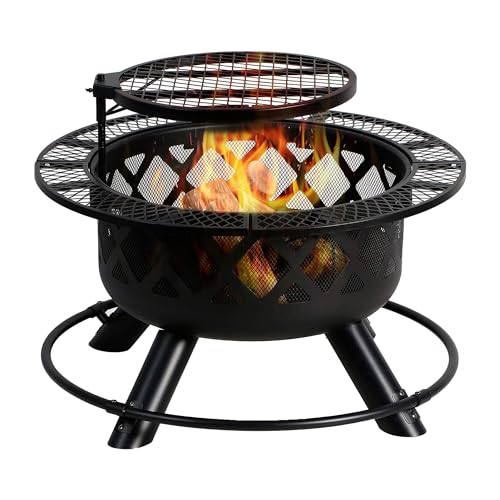 Four Seasons Courtyard Wood Burning Outdoor Fire Pit 24 Inch Backyard Patio Fireplace with Removable 360 Degree Swivel Cooking Grill and Log Rack Amazon