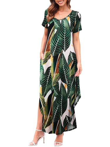 BELAROI Womens Plus Size Maxi Dress Hawaiian Summer T Shirt Dresses Casual V Neck Short Sleeve Swing Tunic Dress with Pockets Split(1X, Flower78) Amazon