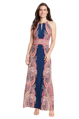 London Times Women's Spaghetti Halter Maxi with Keyhole Neck and Border Waistband, Navy/Coral Pink Amazon