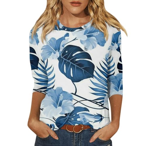 3/4 Sleeve Shirts for Women Crew Neck Petite Three Quarter Sleeve Tops for Women 2024 Graphic Cute Print Ladies Hawaiian Tops and Blouses Today Deals Prime(Blue,L) Amazon