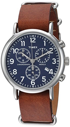 Timex Weekender Chrono Quartz Analog Watch with Leather Strap, Brown/Silver/Blue, 40 mm (Model: TW2R63200) Amazon