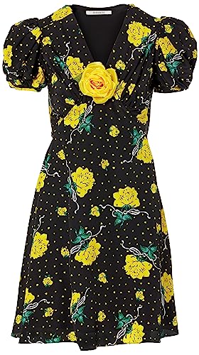Rodarte, Yellow Rose Printed Silk Short Sleeve Mini Dress With Silk Flower, 8, Black Amazon