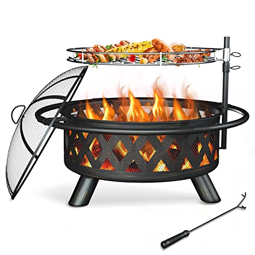 Amopatio Fire Pit for Outside, 30 Inch Large Outdoor Wood Burning Fire Pits, Patio Backyard Firepit with Steel BBQ Grill Cooking Grate, Spark Screen & Poker for Garden, Bonfire, Camping, Picnic Amazon