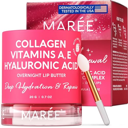 MAREE Lip Mask with Hyaluronic Acid & Coconut Oil - Overnight Collagen Lip Butter to Nourish & Hydrate Dry Cracked Lips - Moisturizer for Skin Care with Shea & Cocoa Butter - Sleeping Lip Butter Balm Amazon