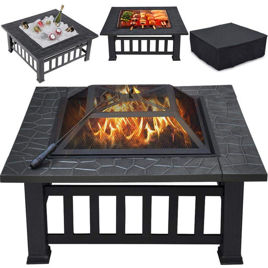 Yaheetech Multifunctional Fire Pit Table 32in Square Metal Firepit Stove Backyard Patio Garden Fireplace for Camping, Outdoor Heating, Bonfire and Picnic Amazon