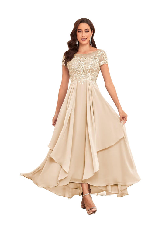 Homiily Champagne Mother of The Bride Dress Short Sleeves Tea Length Formal Evening Gown for Wedding with Lace Size 14 Amazon