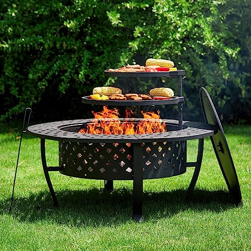 PAPABABE 42 Inch Outdoor Fire Pit with 2 Grill, Wood Burning Firepit for Outside with Lid/Fire Poker, Extra Large Heavy Duty Metal Round Table for Patio Backyard Garden Camping Bonfire Amazon