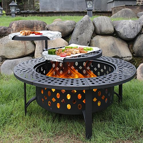 OutVue 36 Inch Fire Pit with 2 Grills, Wood Burning Fire Pits for Outside with Lid, Poker and Round Waterproof Cover, BBQ& Outdoor Firepit & Round Metal Table 3 in 1 for Patio, Picnic, Party (36 inch) Amazon