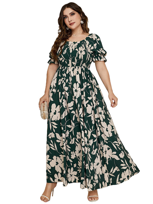 MakeMeChic Women's Plus Size Boho Casual Dress Floral Short Sleeve Shirred Square Neck Maxi Flomal Dress A Multicolor 2XL Amazon