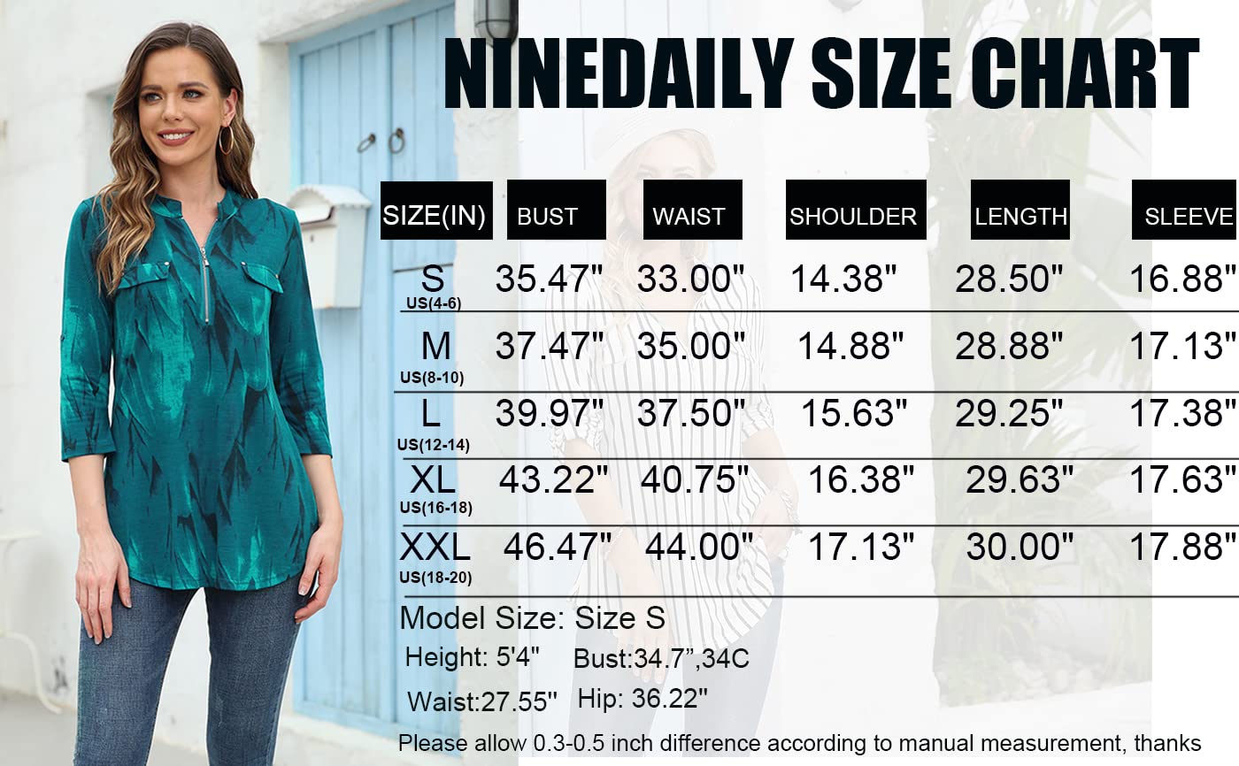 Ninedaily Womens Tops Dressy Casual, Spring Summer Fashion 2024 Trendy Office Blouses Professional Business Women's 3/4 Length Sleeve Shirts Zip Floral Casual Tunic Blouse Tops Peacock Blue Size S Amazon