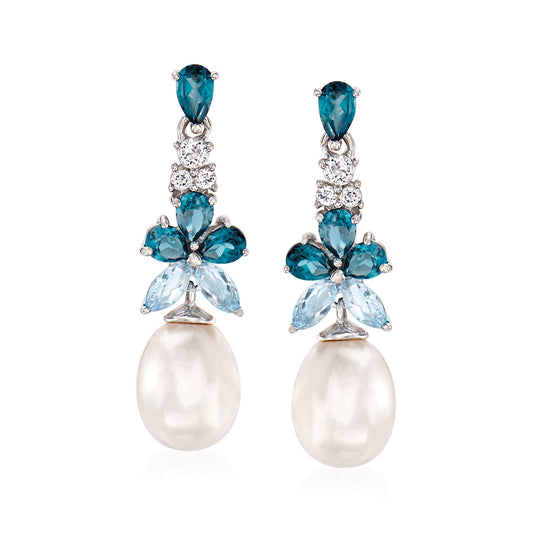 Ross-Simons 8.5-9mm Cultured Pearl and 2.30 ct. t.w. Blue and White Topaz Drop Earrings in Sterling Silver Amazon