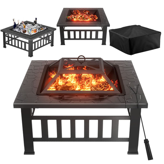 Greesum Multifunctional Patio Fire Pit Table, 32in Square Metal BBQ Firepit Stove Backyard Garden Fireplace with Spark Screen Lid and Rain Cover for Camping, Outdoor Heating, Bonfire and Picnic, Black Amazon