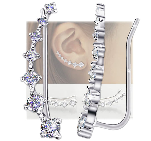 7 Crystals Ear Cuffs Hoop Climber S925 Sterling Silver Cartilage Earrings with Cubic Zirconia Piercing CZ Amazon