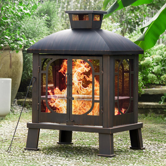 PAPABABE 45" Fire Pit Pagoda, Wood Burning Chimney Firepit with Grill Grate Outside for Garden Backyard BBQ Bonfire Amazon