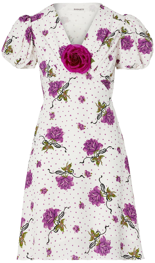 Rodarte, Purple Rose Printed Silk Short Sleeve Mini Dress With Silk Flower, 6, White Amazon