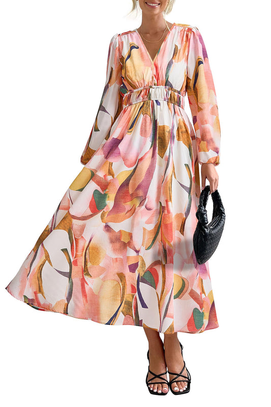 PRETTYGARDEN Fall Dress for Women 2024 Casual Long Sleeve V Neck Print Bohemian A Line Maxi Dresses (Pink Watercolour,Small) Amazon