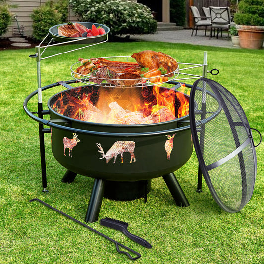 NATURAL EXPRESSIONS 32 Inch Fire Pits Outdoor Wood Burning Firepit with Cooking Grate Large Steel Firepit Bowl With 2 adjustable Swivel BBQ Grill for patios and bonfires Includes Poker & Fire Pit Cove Amazon